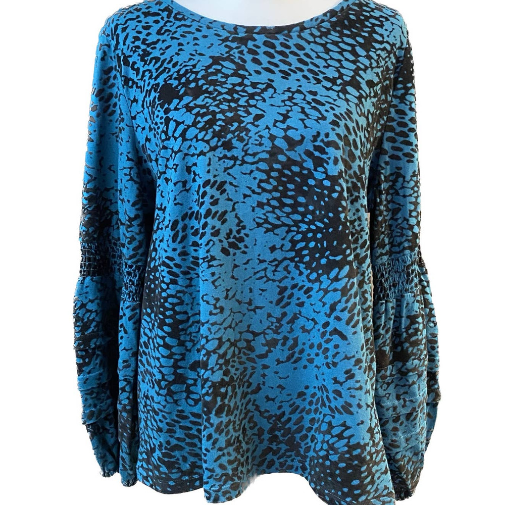 Chico’s Popover Top, Women's Size 3 (16) Bishop Sleeves, Blue w/Black Flocking - Picture 1 of 10